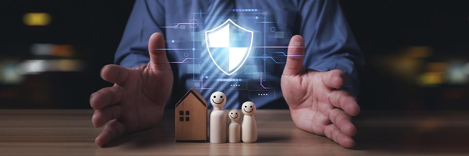 Digital security shield over symbolic family and home, illustrating the protection and peace of mind EB5 offers to H1B workers facing visa risks.