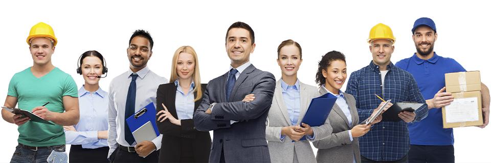 Group of professionals and workers in business and trade attire, representing EB5 job creation through direct, indirect, and induced employment.