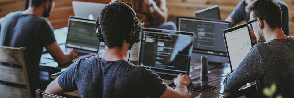 A team of software developers working on laptops at a shared table, symbolizing H1B tech workers seeking EB5 opportunities in the U.S.