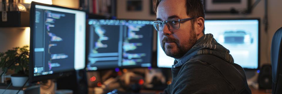 A software engineer coding across multiple screens, reflecting the career restrictions of H1B visas compared with EB5 freedom.