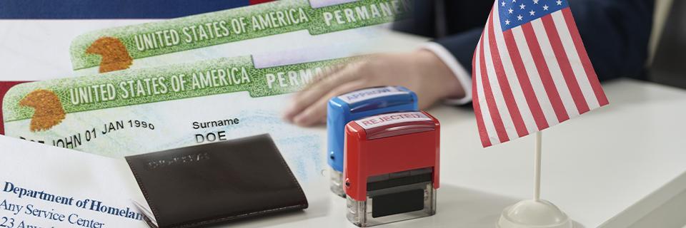 U.S. Green Cards, approval and rejection stamps, and an American flag symbolizing EB5 investors navigating project success and immigration outcomes.
