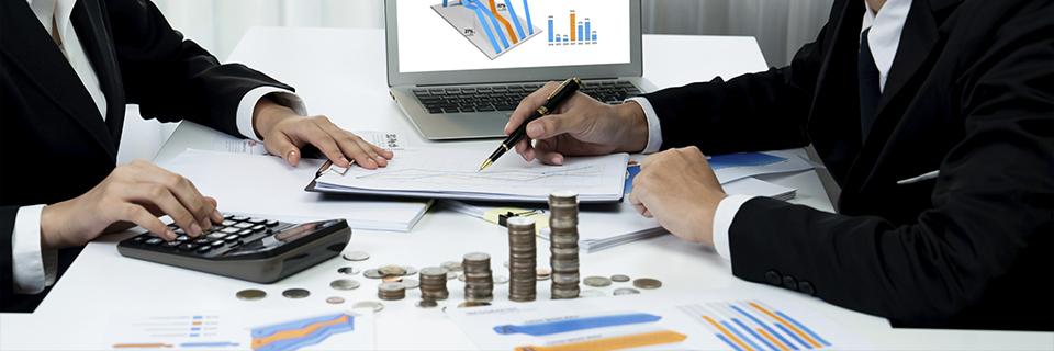 Two business professionals reviewing charts and counting coins at a conference table, illustrating EB5 regional center teams managing pooled investor funds and job creation requirements.