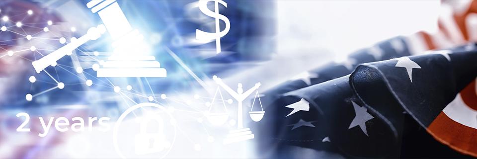 Digital illustration with scales of justice, dollar icons, and text reading “2 years,” representing the EB5 two year sustainment period under USCIS policy.