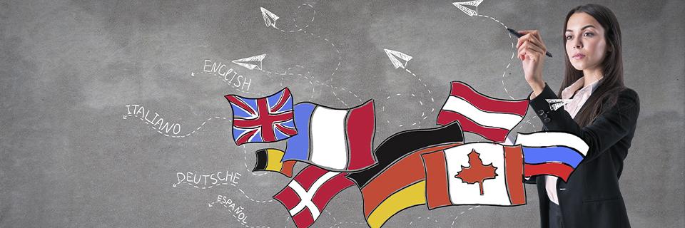 Businesswoman drawing paper airplanes with multiple international flags, symbolizing EB5 investors overcoming language barriers and accessing multilingual support.