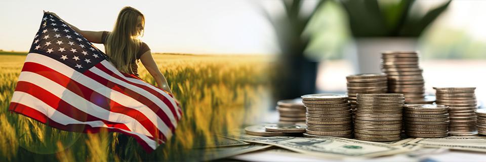 EB5 investor holding an American flag in a field alongside stacks of coins and dollar bills, representing capital investment and a path to U.S. residency.