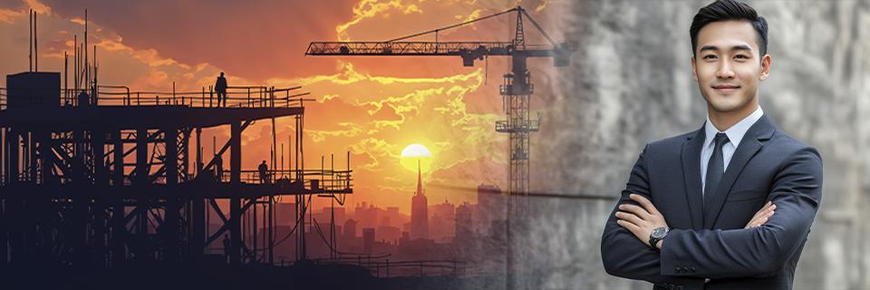 Confident EB5 investor standing in front of a construction site at sunset, symbolizing job creation, immigration success, and long-term residency goals.