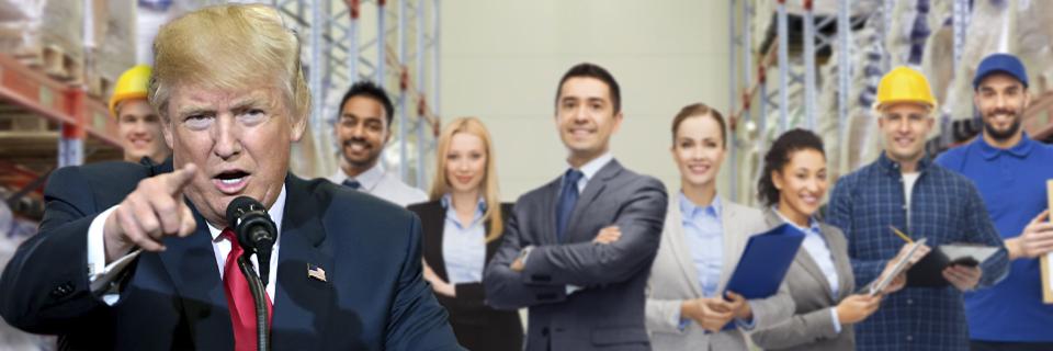 President Donald Trump speaking at a podium with a diverse group of professionals behind him, representing changes to U.S. visa programs under the new H-1B policy and rising EB5 investor interest.