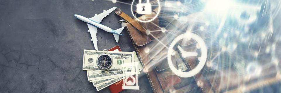 Flat lay of U.S. dollars, passport, and airplane model symbolizing global mobility and EB5 investment as a stable immigration alternative to the H-1B visa.