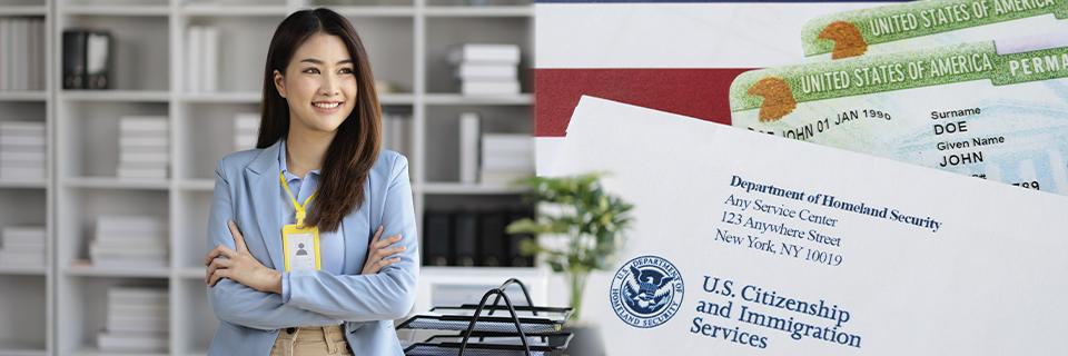 A professional woman standing in an office beside USCIS documents and U.S. visas, representing EB5 and other employment-based visa options for working in the United States.
