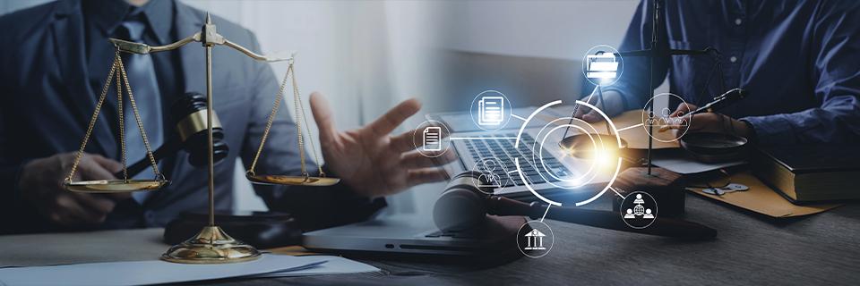 Legal scales and a gavel next to a laptop with digital contract icons, representing EB5 redemption agreements, investor protections, and the legal framework governing capital repayment.