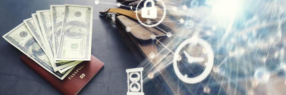 A U.S. passport and dollar bills beside a leather wallet, with visual security and time icons, symbolizing EB5 investors protecting immigration status, capital security, and long-term investment timelines.