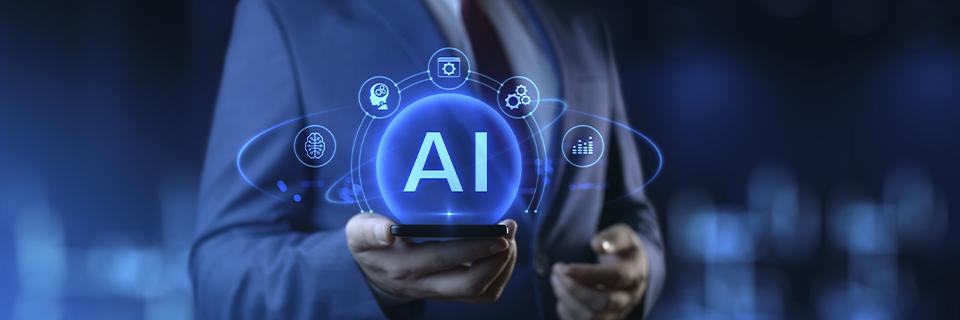 An EB5 investor holding a smartphone with the words AI and various icons over it. 